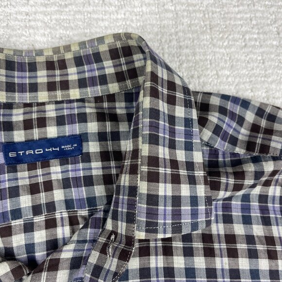 ETRO Shirt Men 44 Plaid Brown/Purple/Blue Preppy Dress Long Sleeve Made in Italy - Picture 15 of 16
